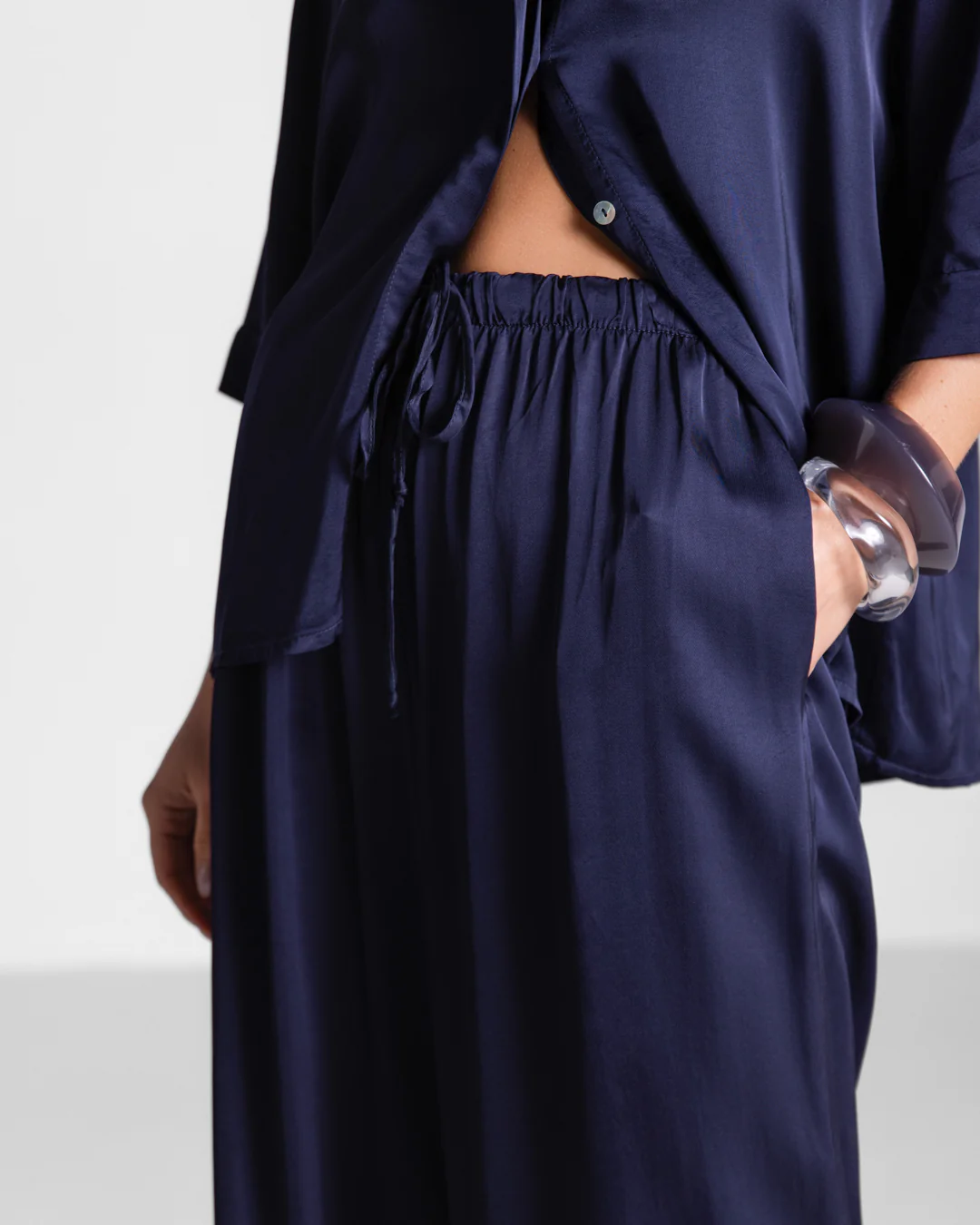 Nora Drawstring Satin Pants | Navy - Image 3