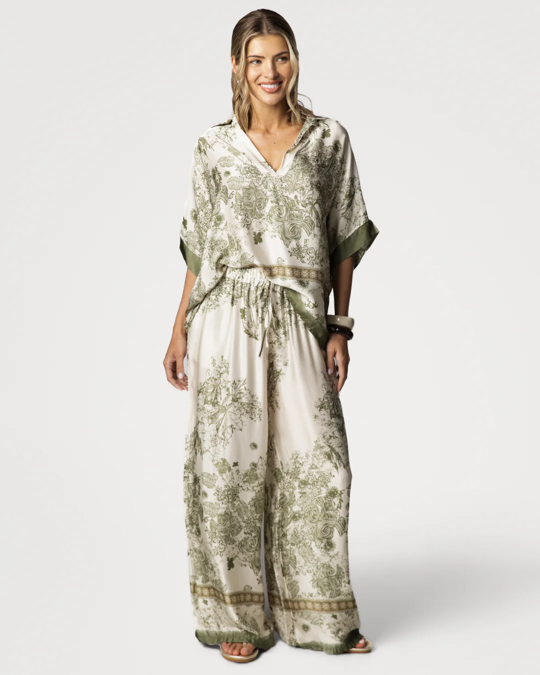 Ottilie Elastic Waist Silk Trousers | Khaki