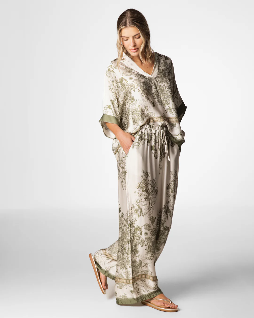 Ottilie Elastic Waist Silk Trousers | Khaki - Image 5