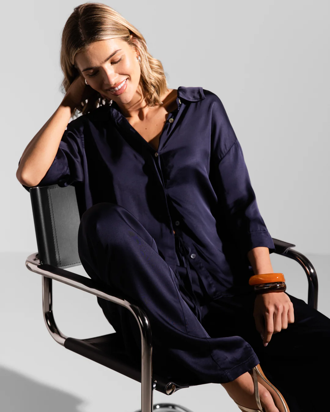 Nora Drawstring Satin Pants | Navy - Image 5