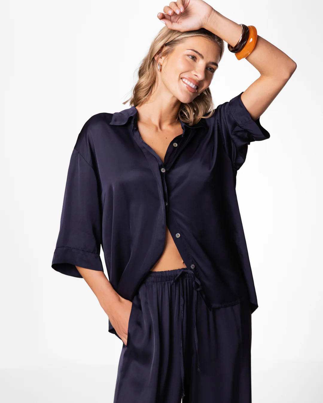 Rhea Satin Shirt | Navy - Image 2