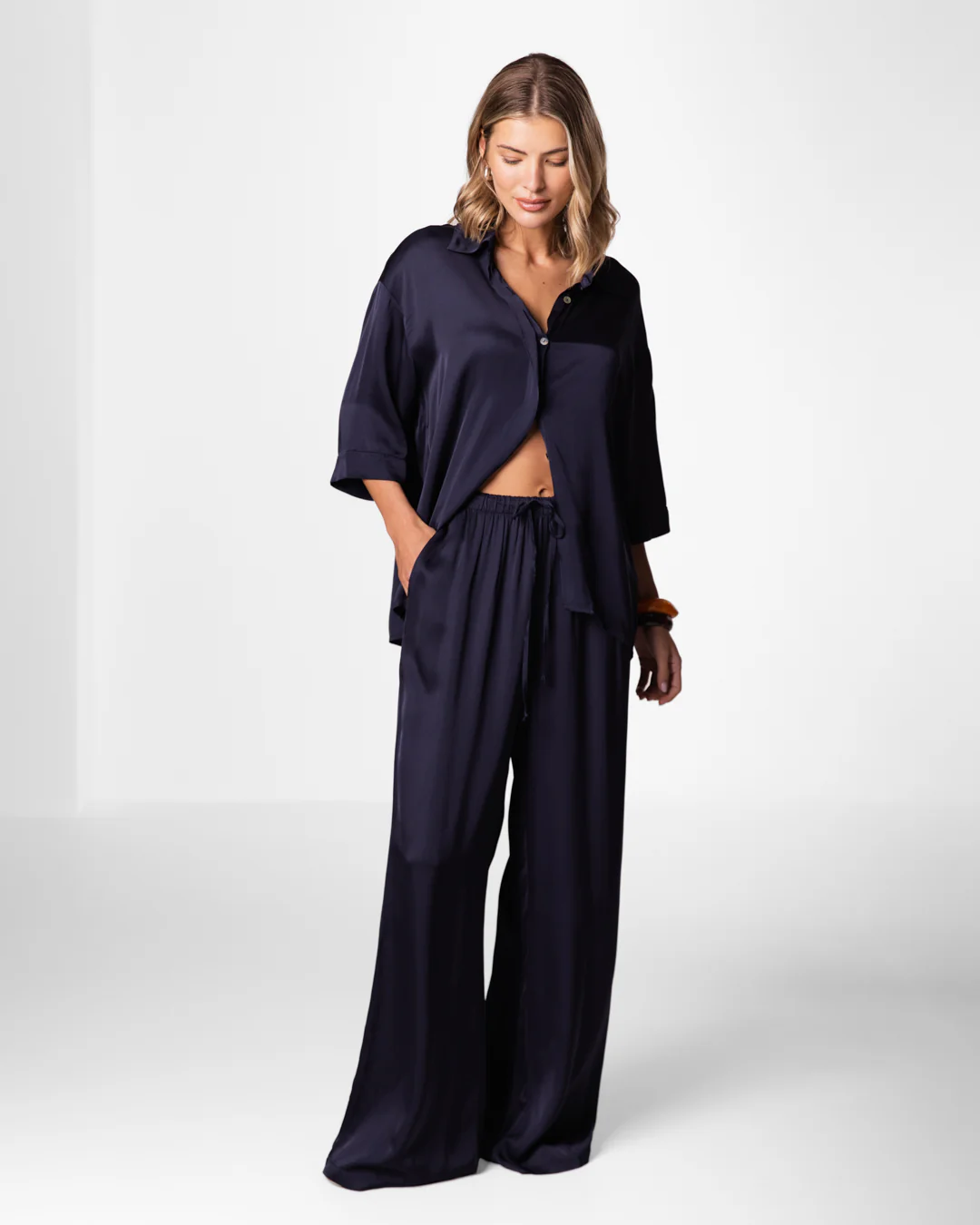 Nora Drawstring Satin Pants | Navy - Image 4