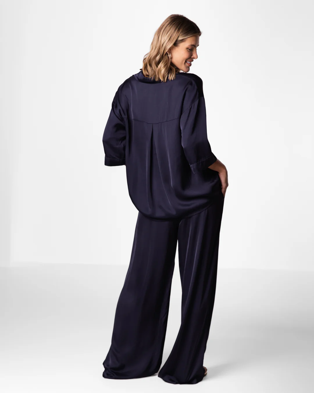 Nora Drawstring Satin Pants | Navy - Image 2