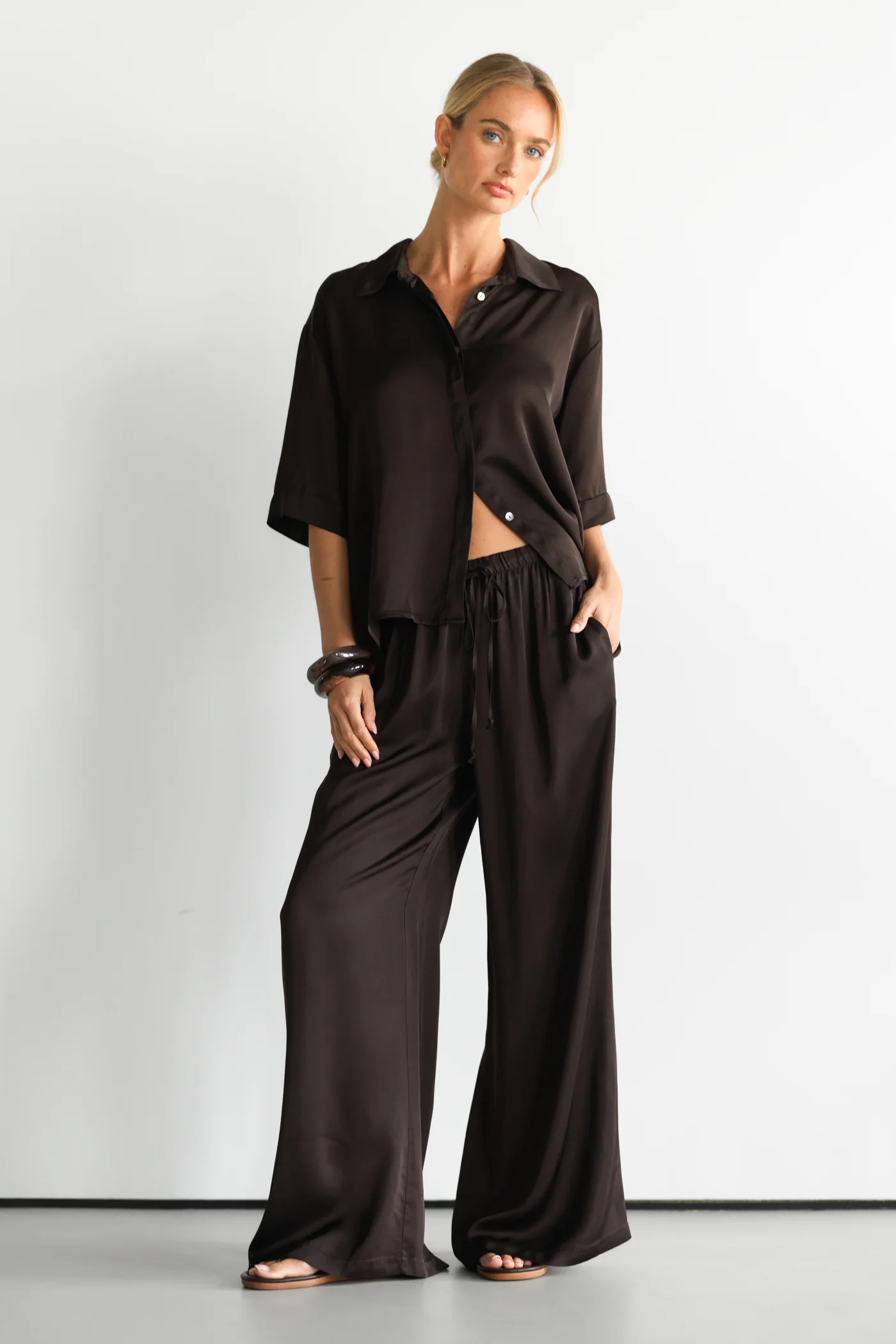 Nora Drawstring Satin Pants | Espresso Brown