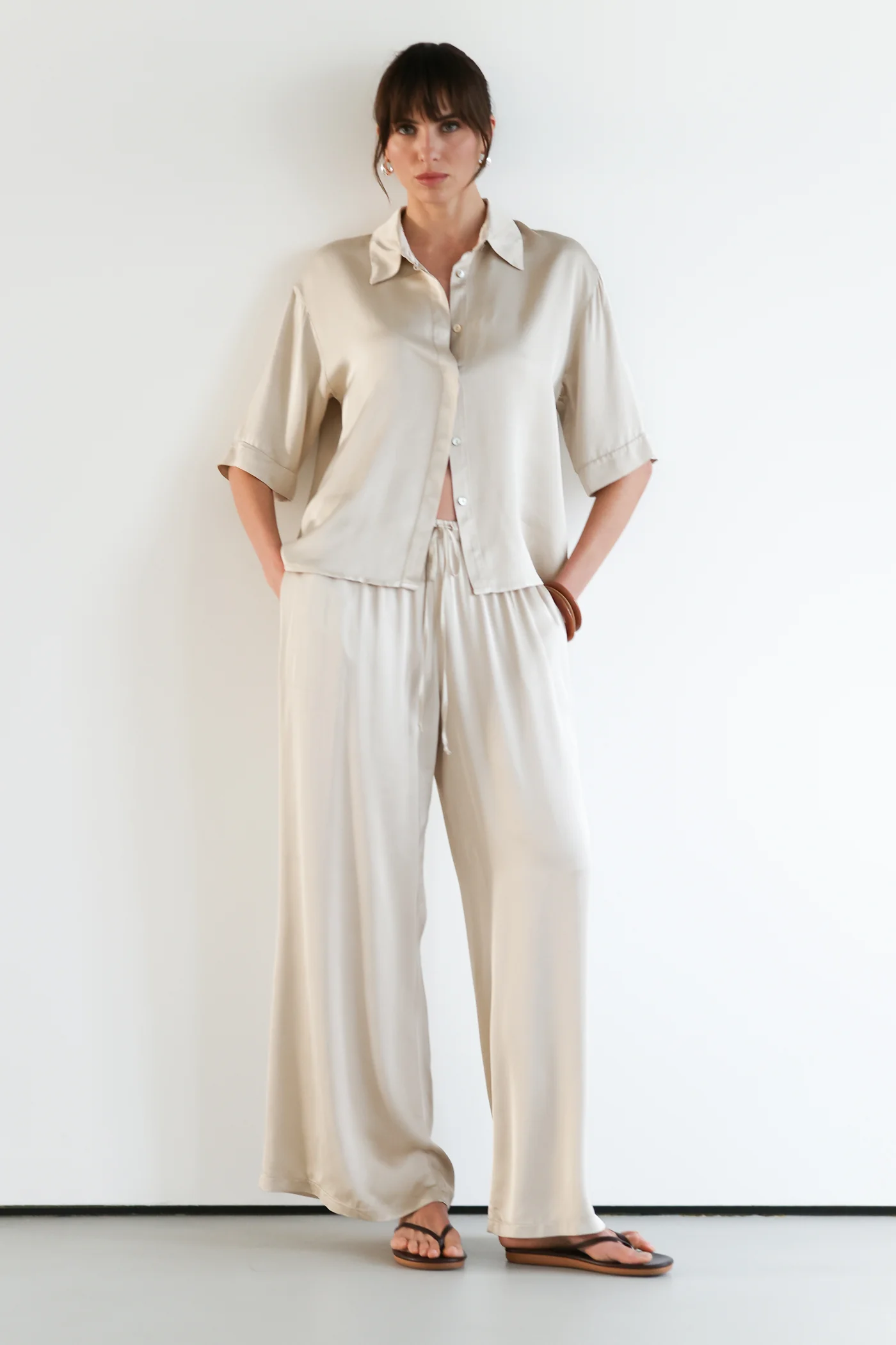 Nora Drawstring Satin Pants | Light Beige - Image 6