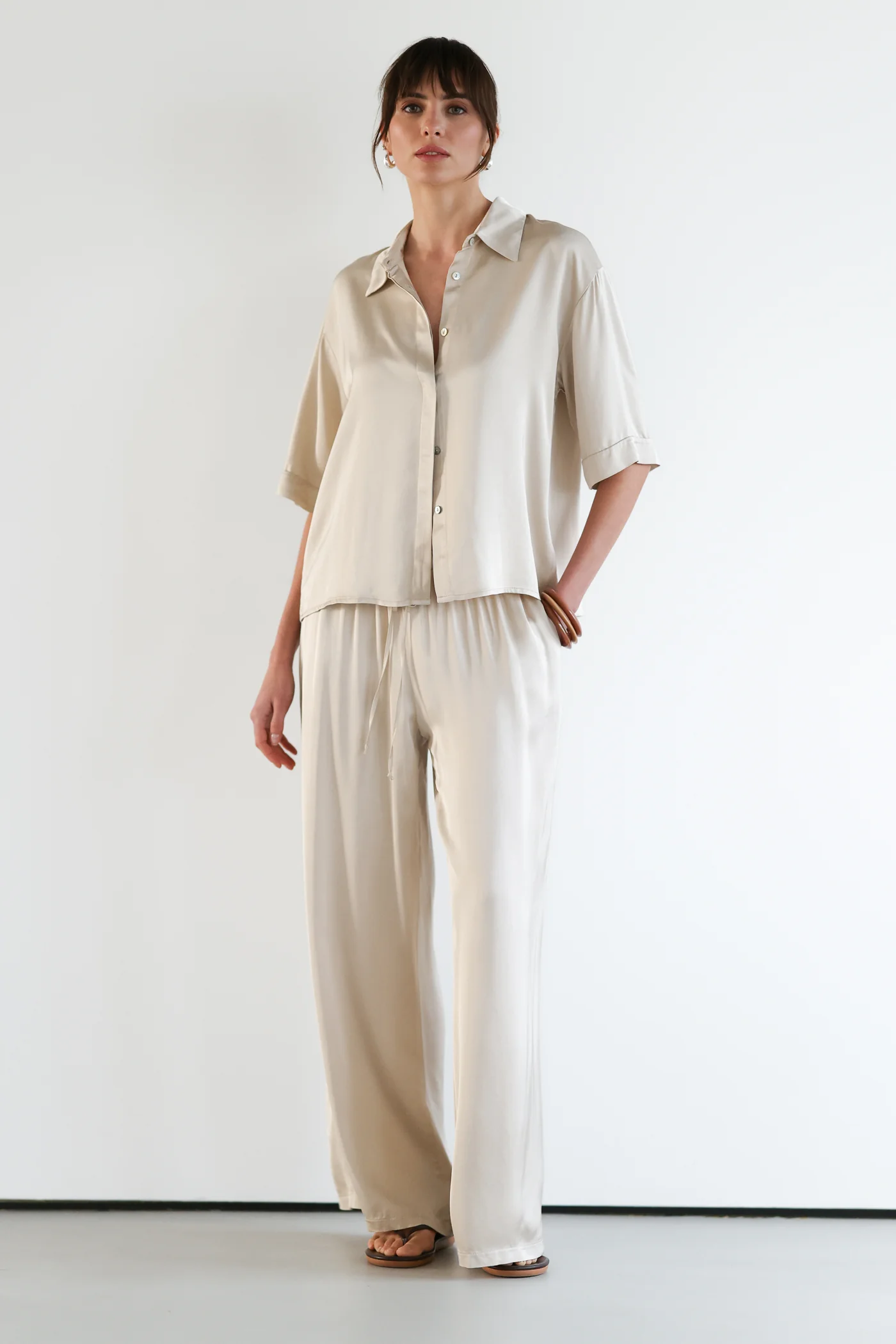 Nora Drawstring Satin Pants | Light Beige - Image 5
