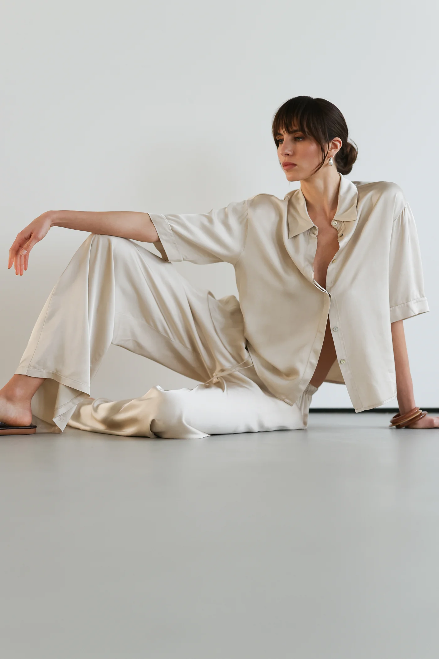 Nora Drawstring Satin Pants | Light Beige - Image 7