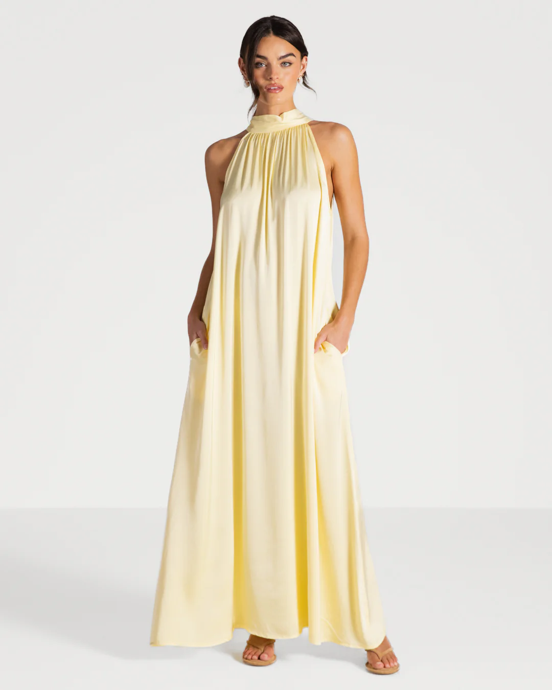 Ruby Halterneck Satin Dress | Pastel Yellow - Image 3