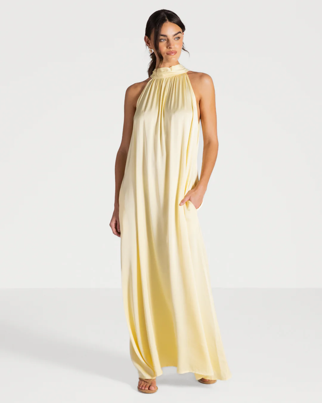 Ruby Halterneck Satin Dress | Pastel Yellow - Image 8