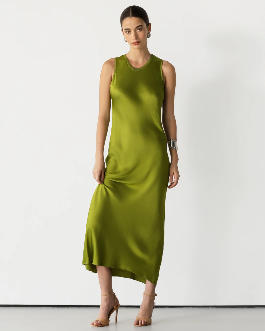 Sabrina Sleeveless Satin Dress | Olive Green - Image 4
