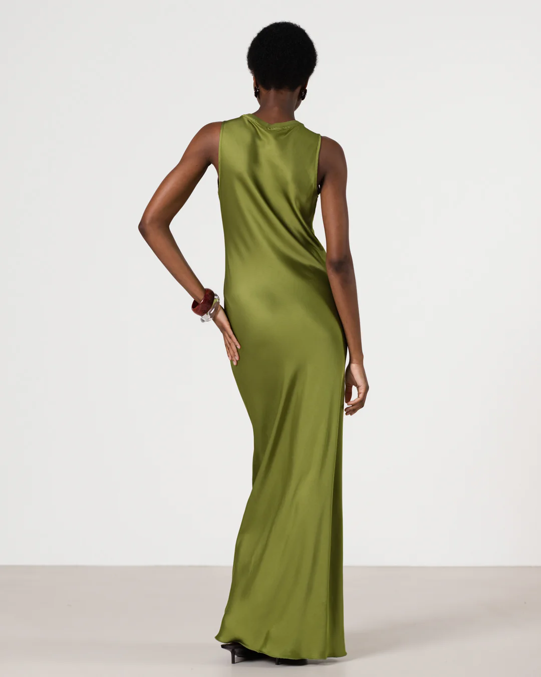 Sabrina Sleeveless Satin Maxi Dress | Olive Green - Image 2