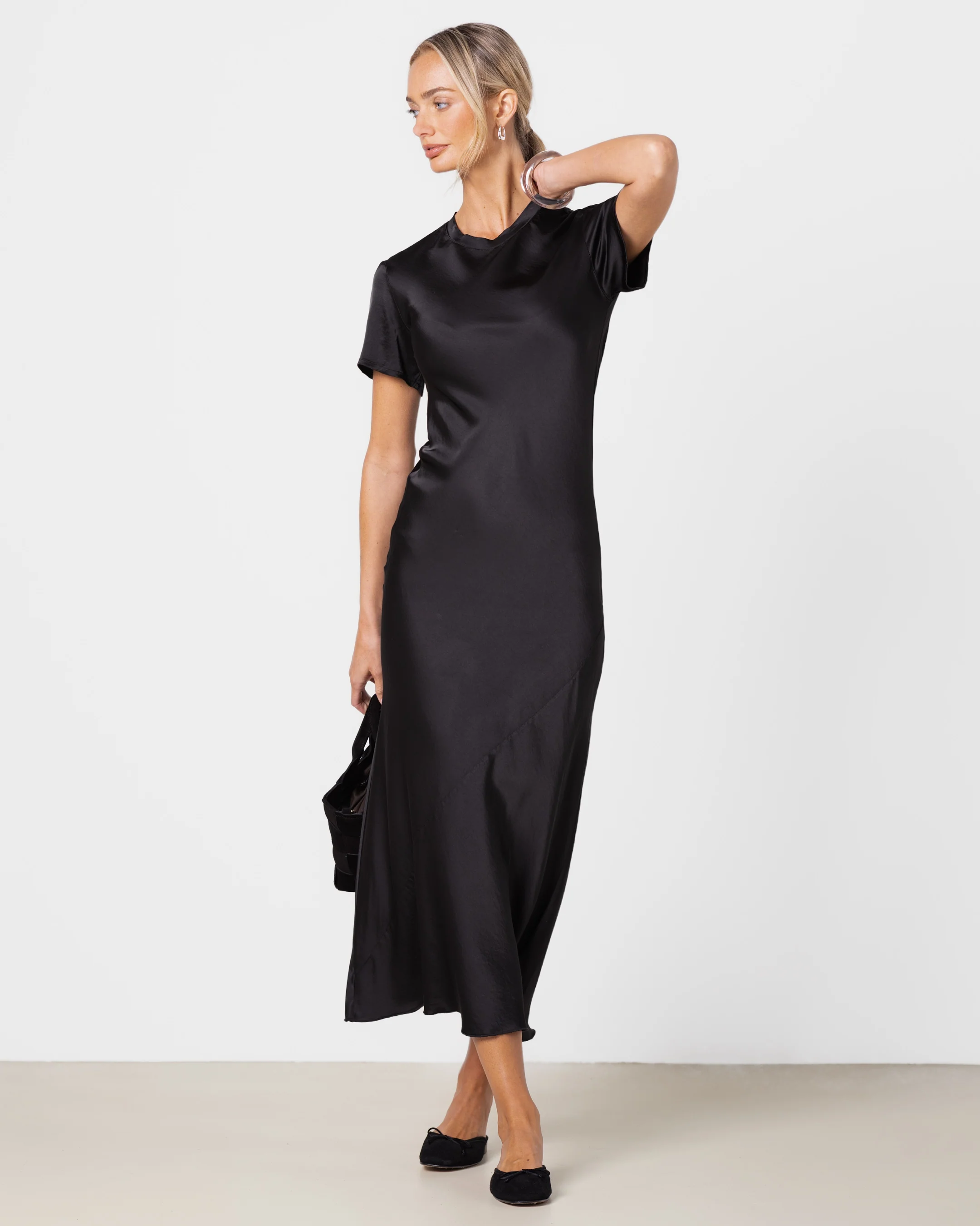 Saskia Short Sleeve Satin Dress | Black - Image 8