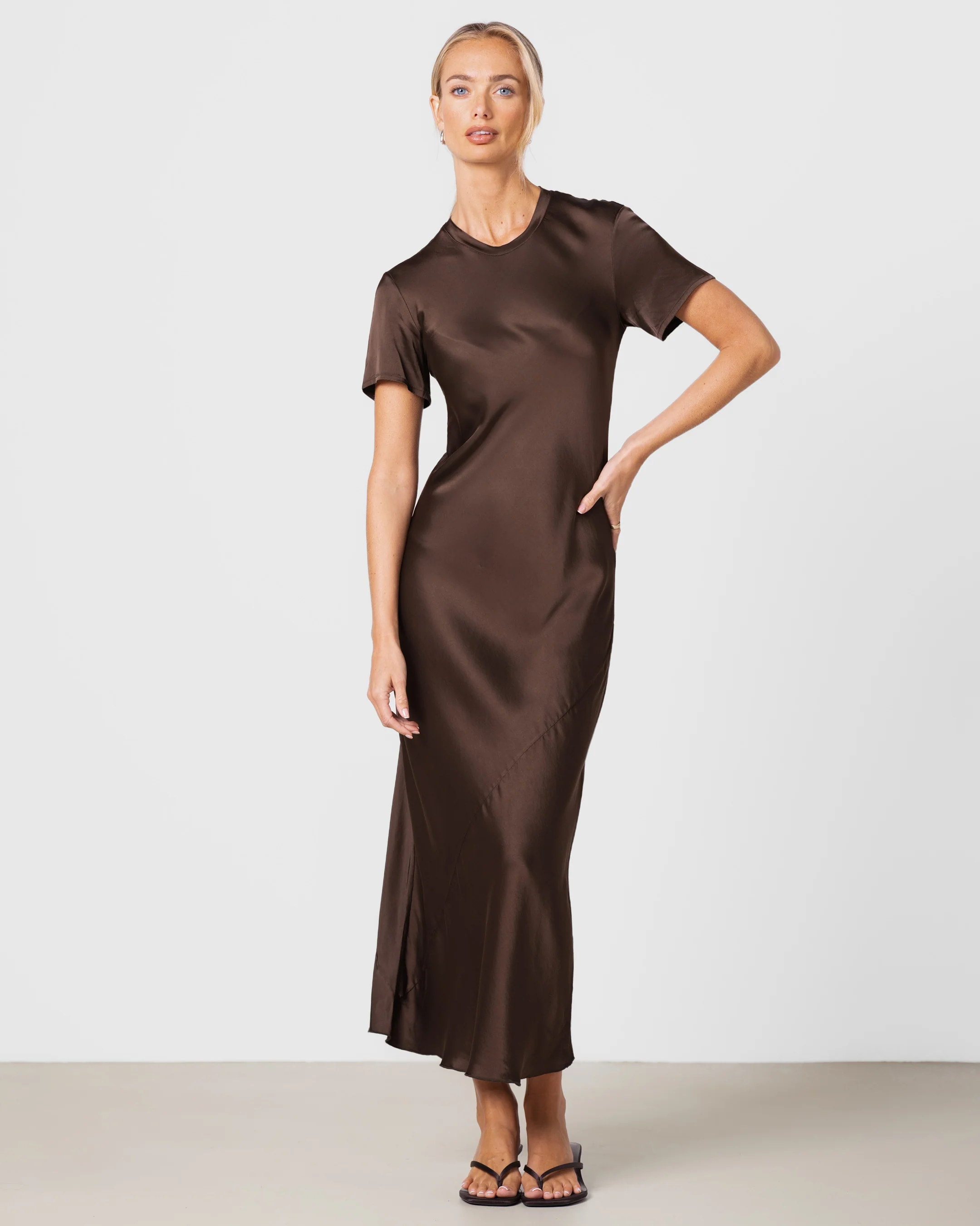 Saskia Short Sleeve Satin Dress | Chocolate Brown - Image 6