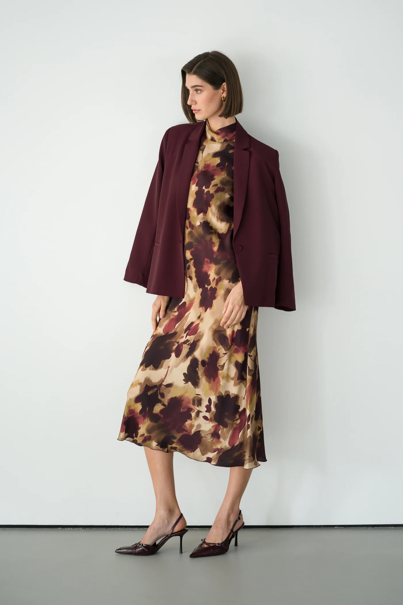 Selena Halterneck Satin Midi Dress | Plum Floral - Image 2