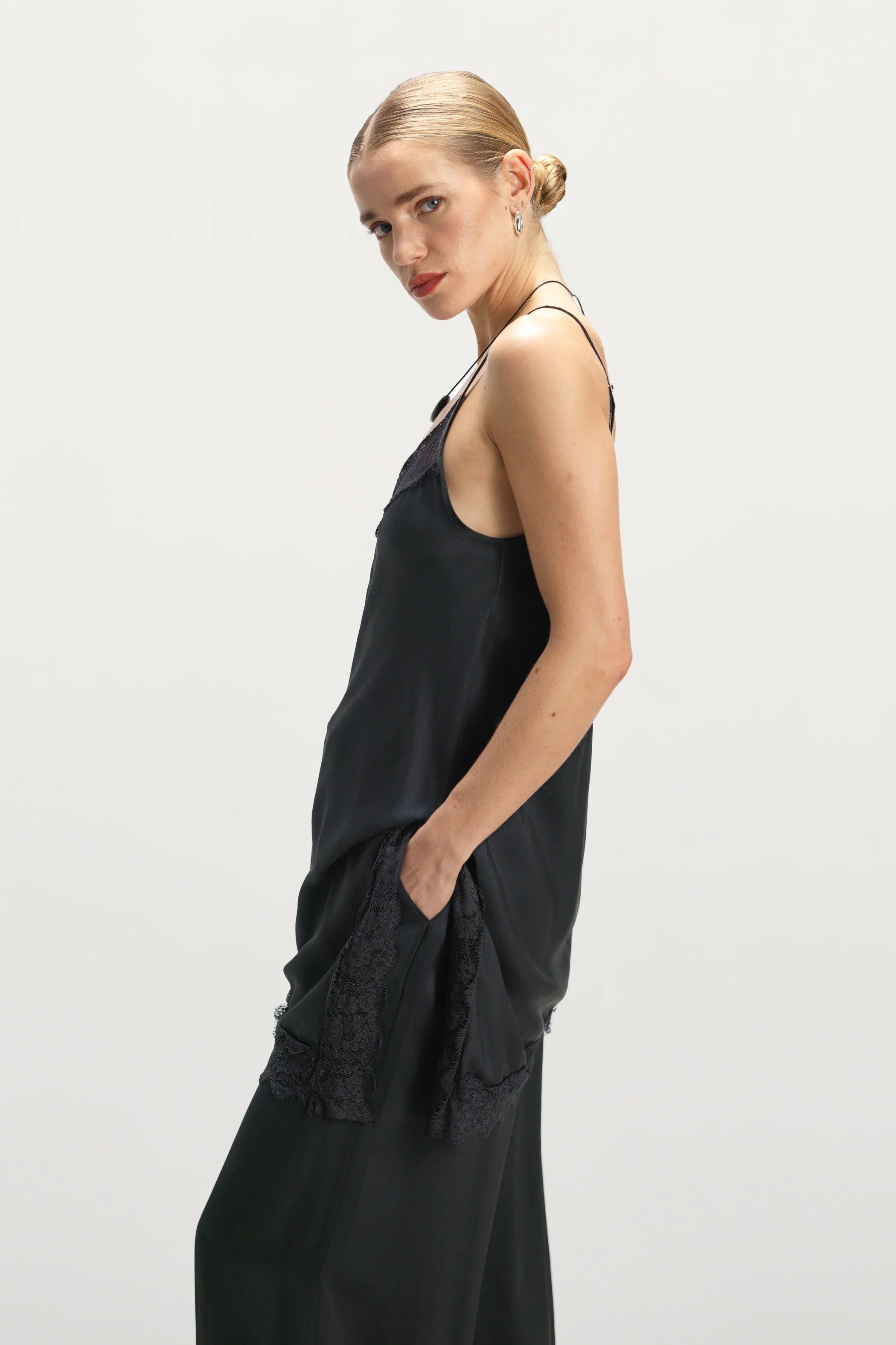 Sofia Asymmetric Lace Satin Vest | Black - Image 4