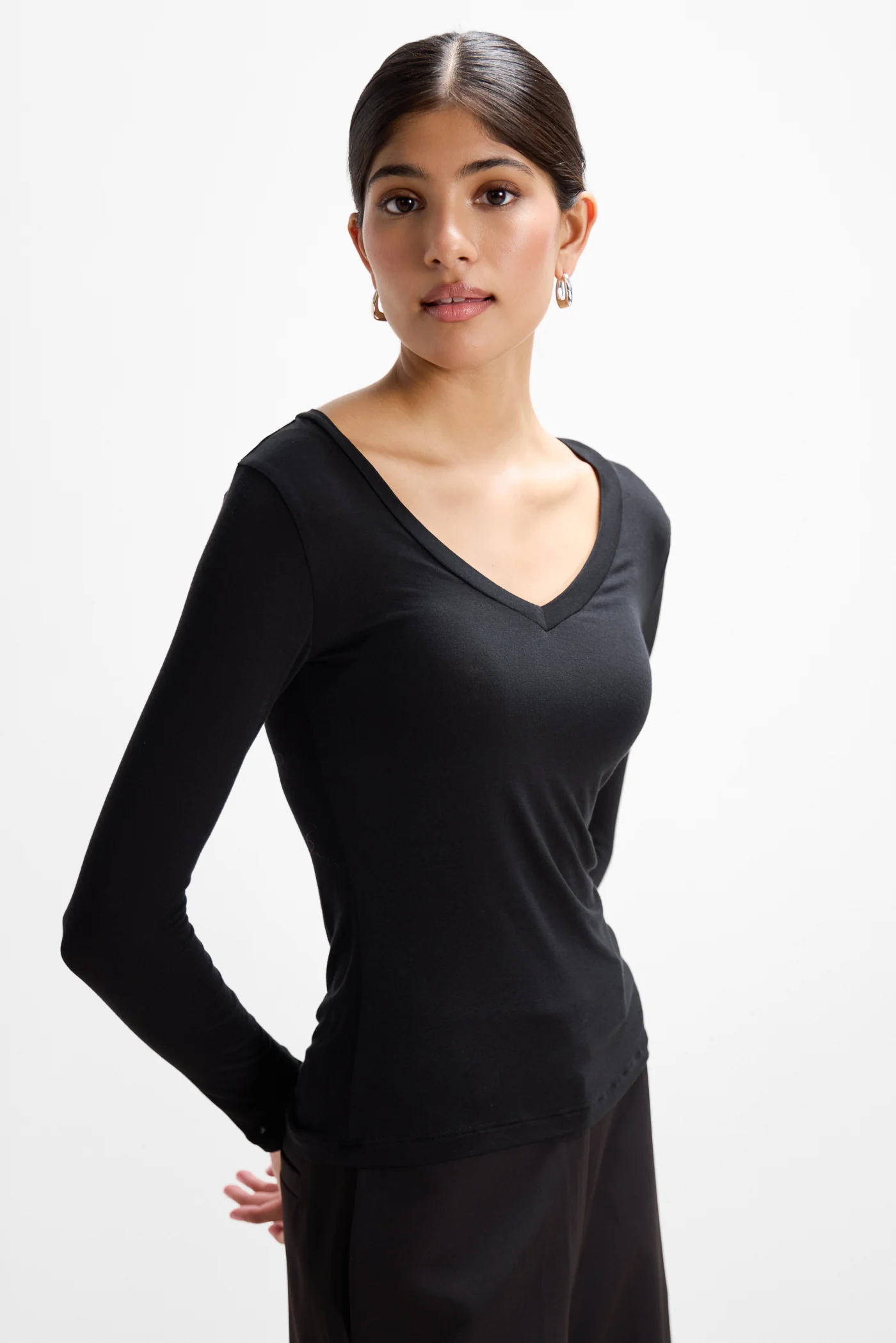 Sylvie V Neck Featherweight Top | Black | Modal-Silk - Image 5