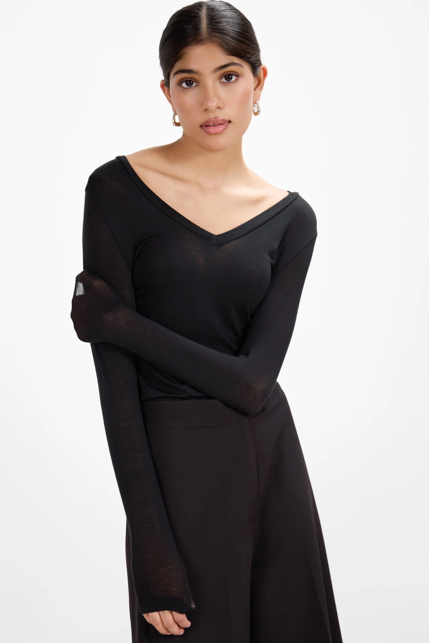 Sylvie V Neck Featherweight Top | Black | Modal-Silk - Image 6