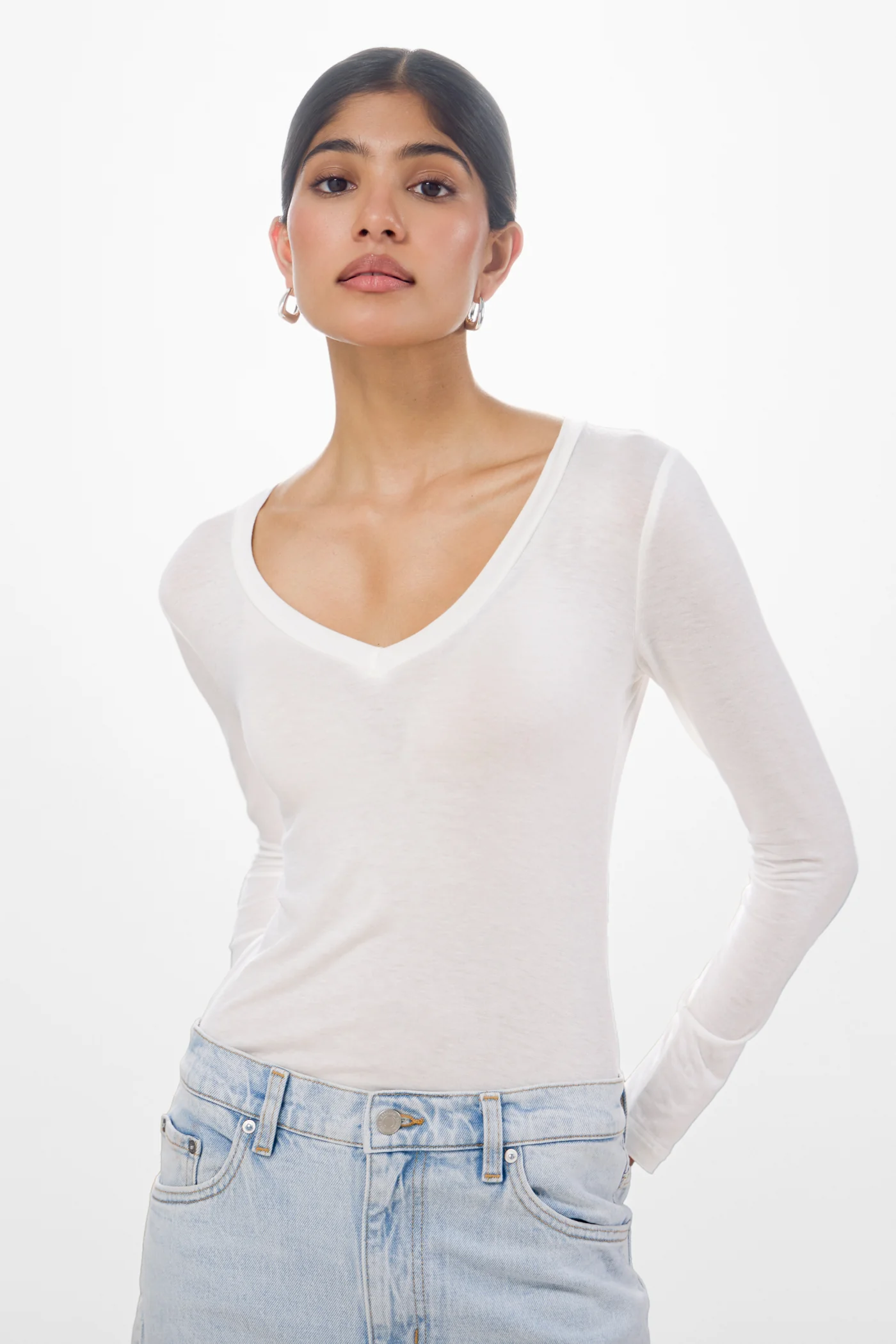 Sylvie V Neck Featherweight Top | White | Modal-Silk - Image 2