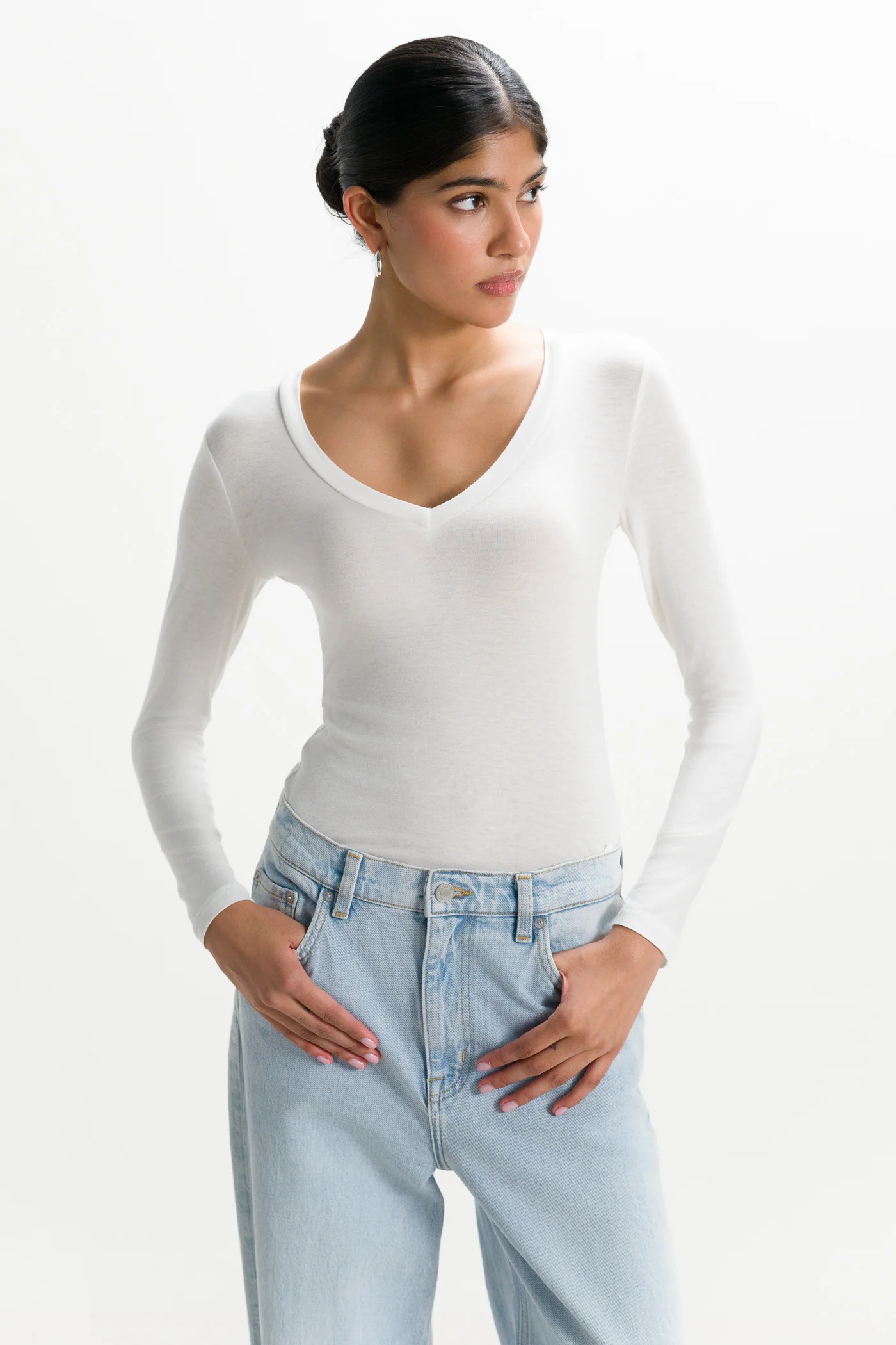 Sylvie V Neck Featherweight Top | White | Modal-Silk - Image 6