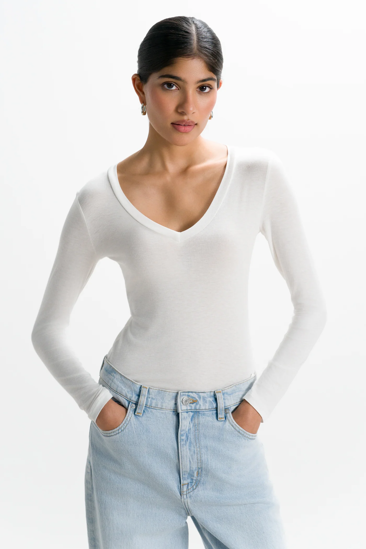 Sylvie V Neck Featherweight Top | White | Modal-Silk - Image 7
