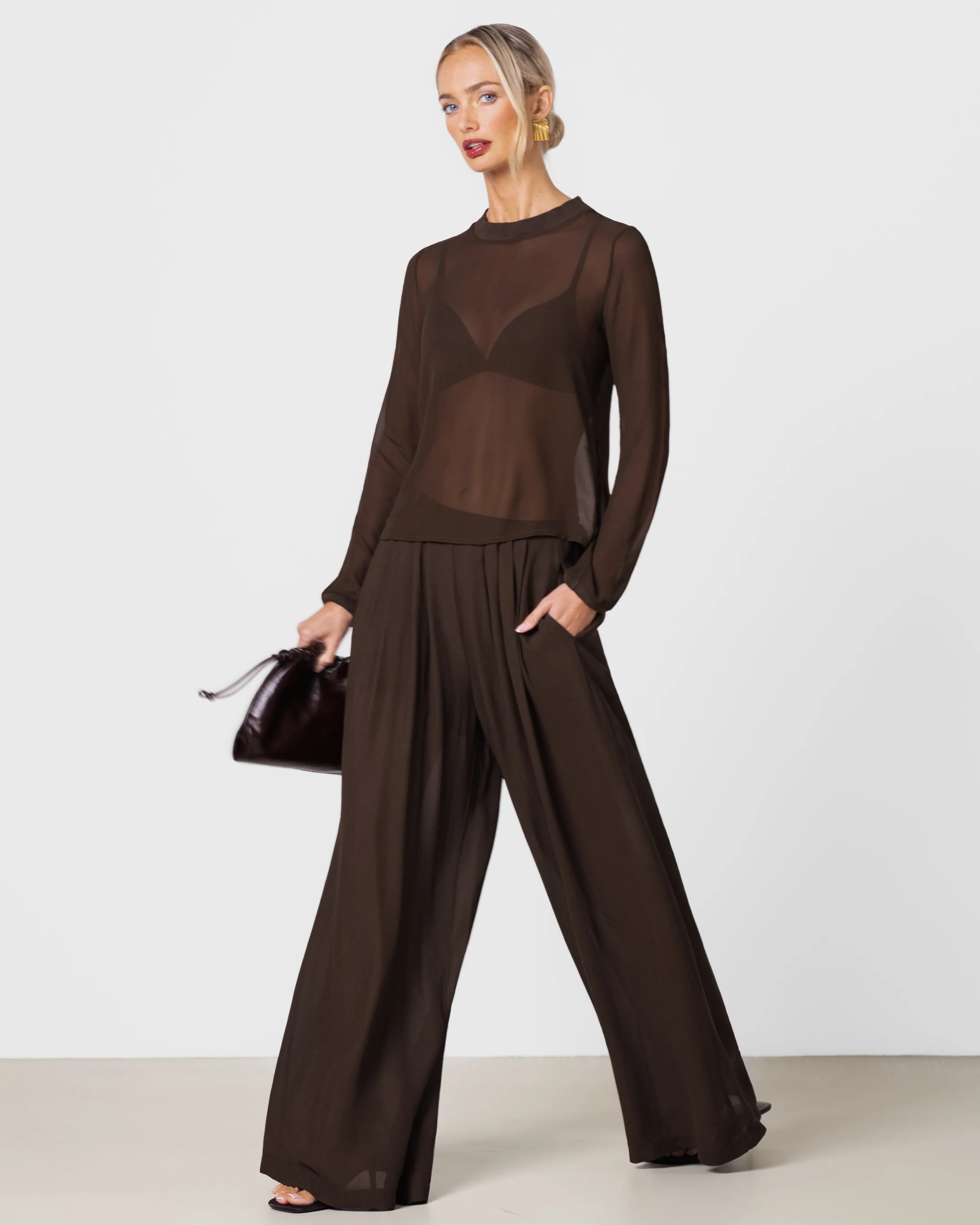 Verity Sheer Elastic Waist Trousers | Chocolate Brown