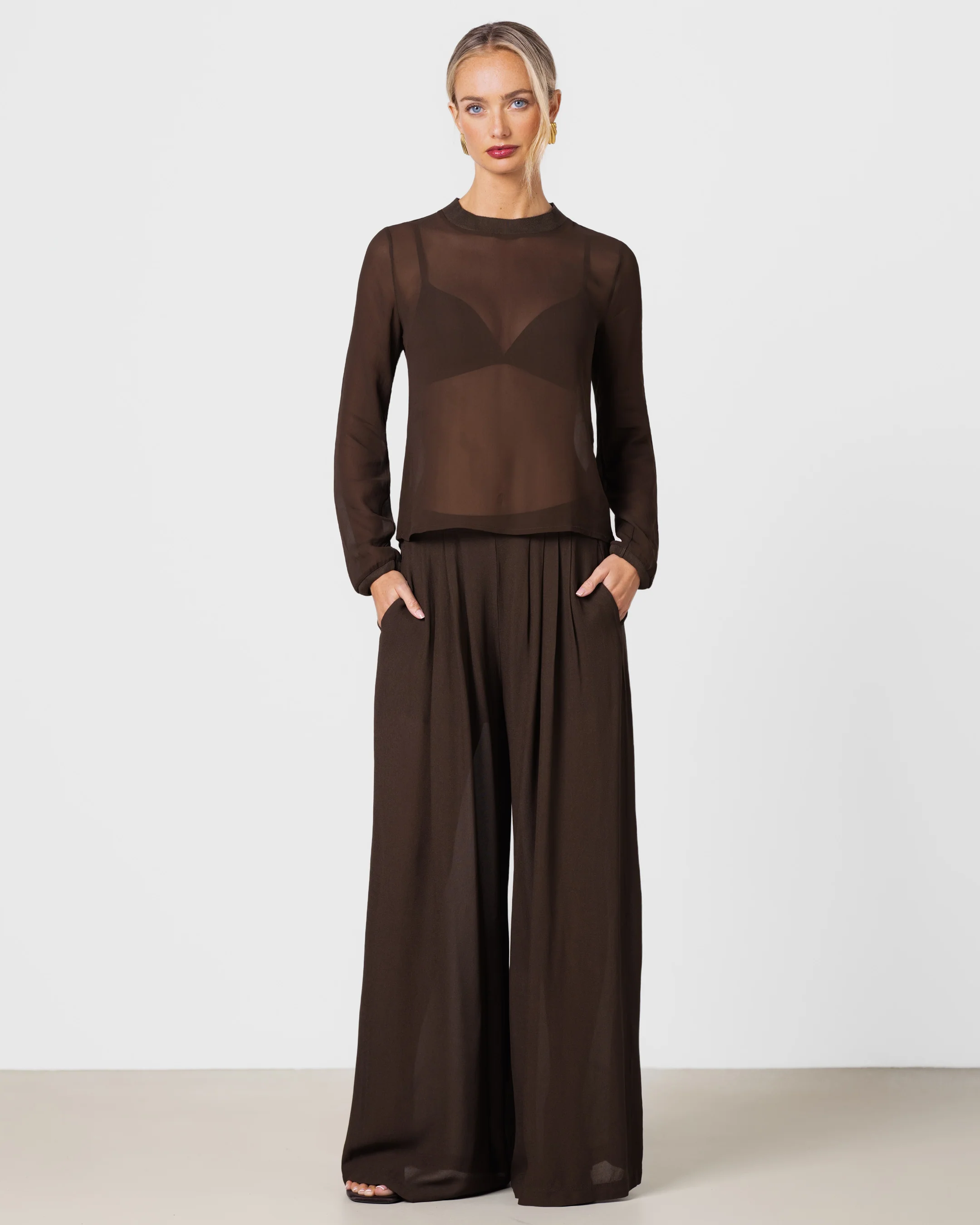 Verity Sheer Elastic Waist Trousers | Chocolate Brown - Image 6