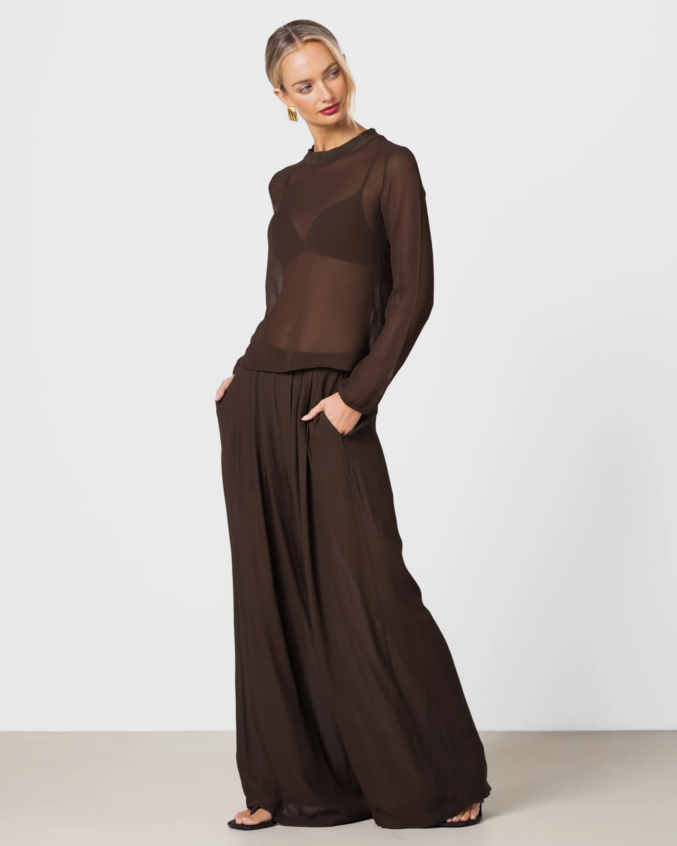 Verity Sheer Elastic Waist Trousers | Chocolate Brown - Image 7