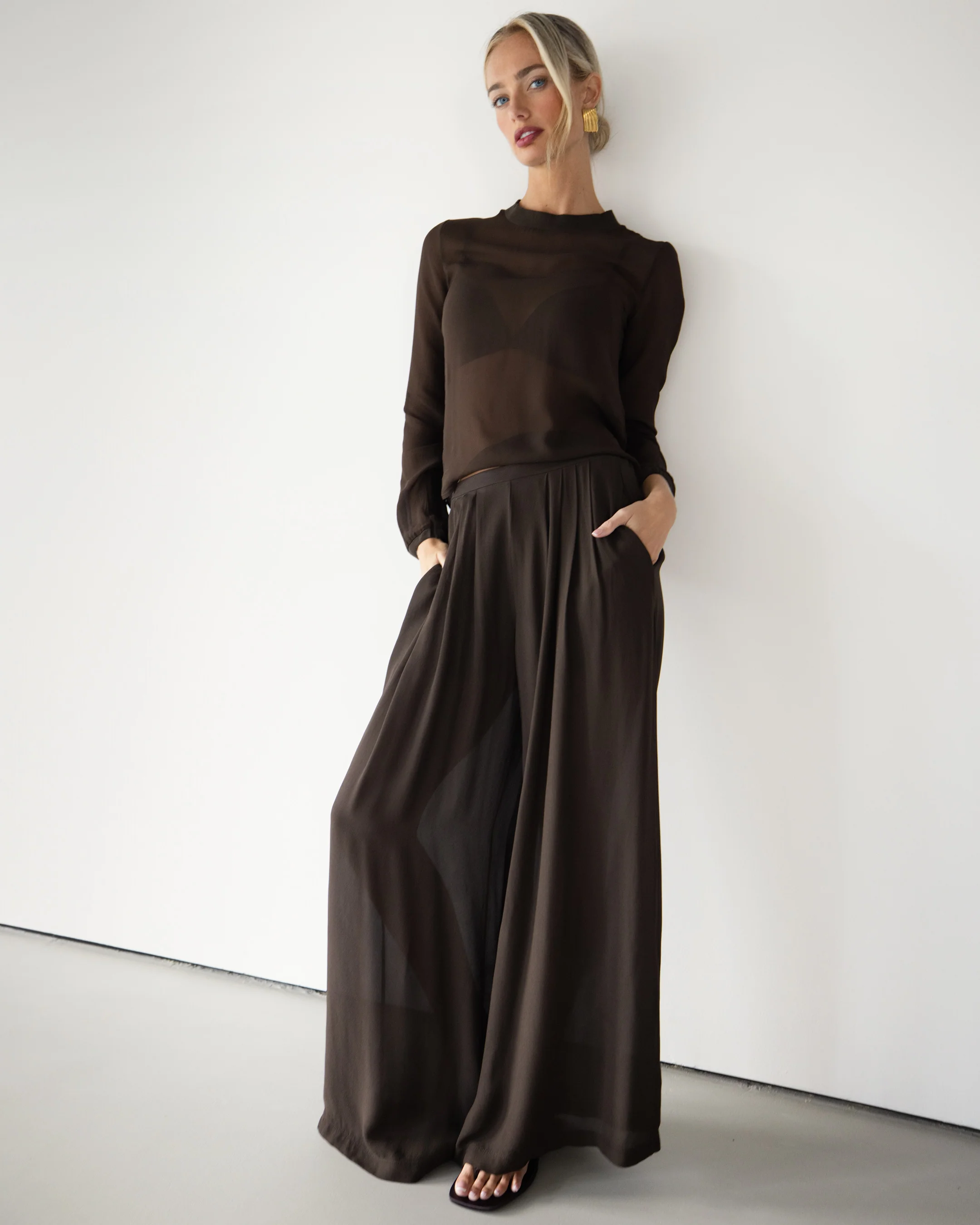 Verity Sheer Elastic Waist Trousers | Chocolate Brown - Image 8