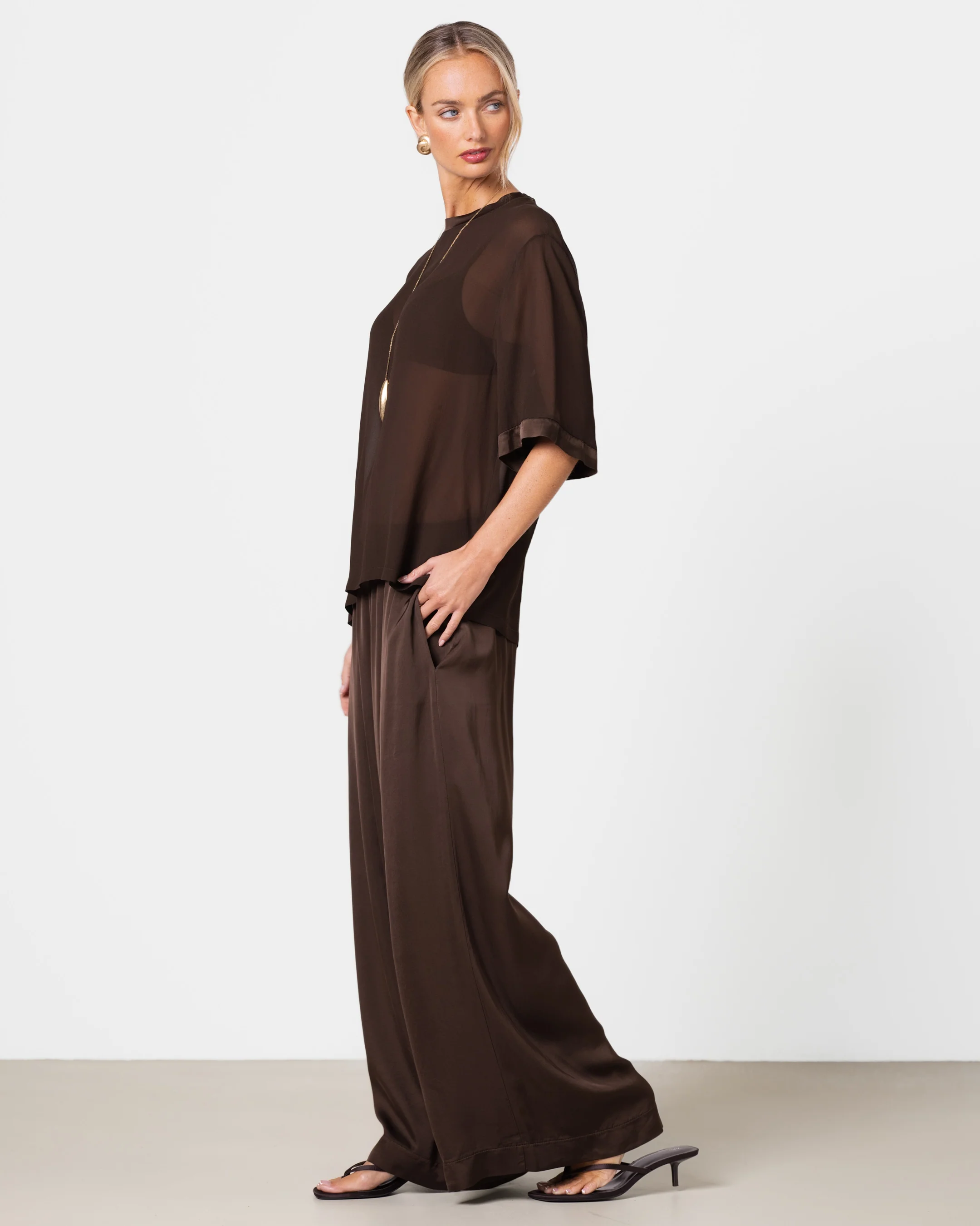 Zadie Sheer Satin Trim Top | Chocolate Brown - Image 4