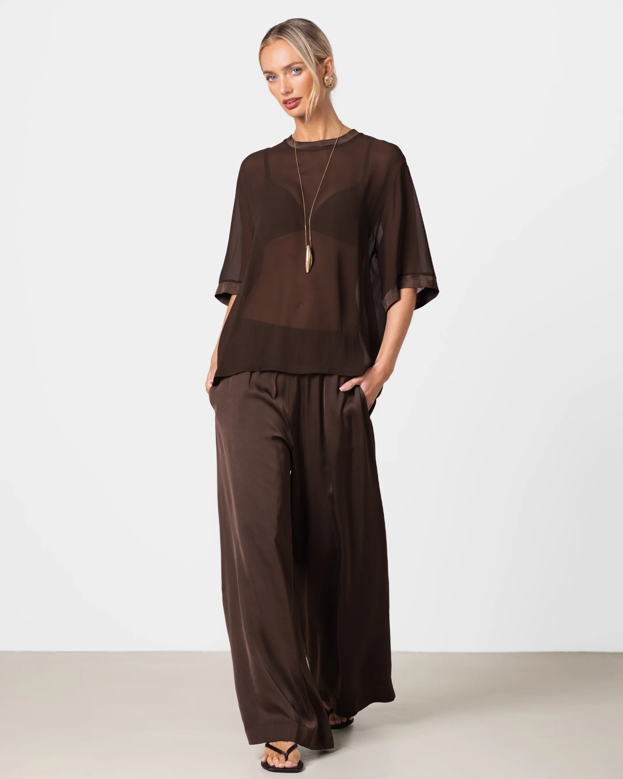 Zadie Sheer Satin Trim Top | Chocolate Brown - Image 7
