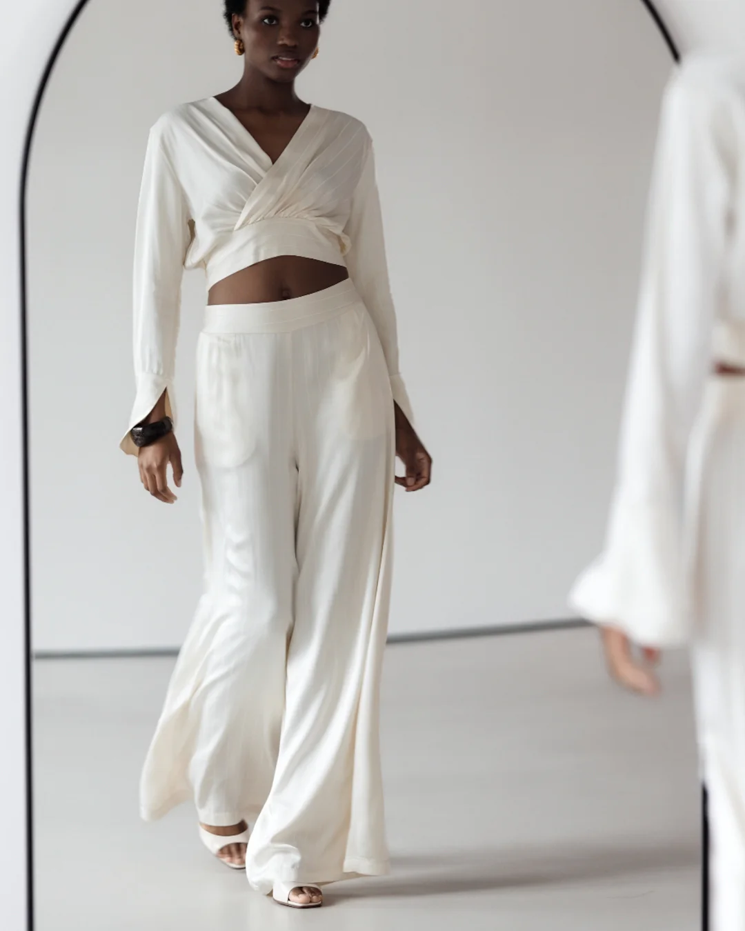 Zoe Pinstripe Elastic High Waist Satin Trousers | Ivory - Image 3