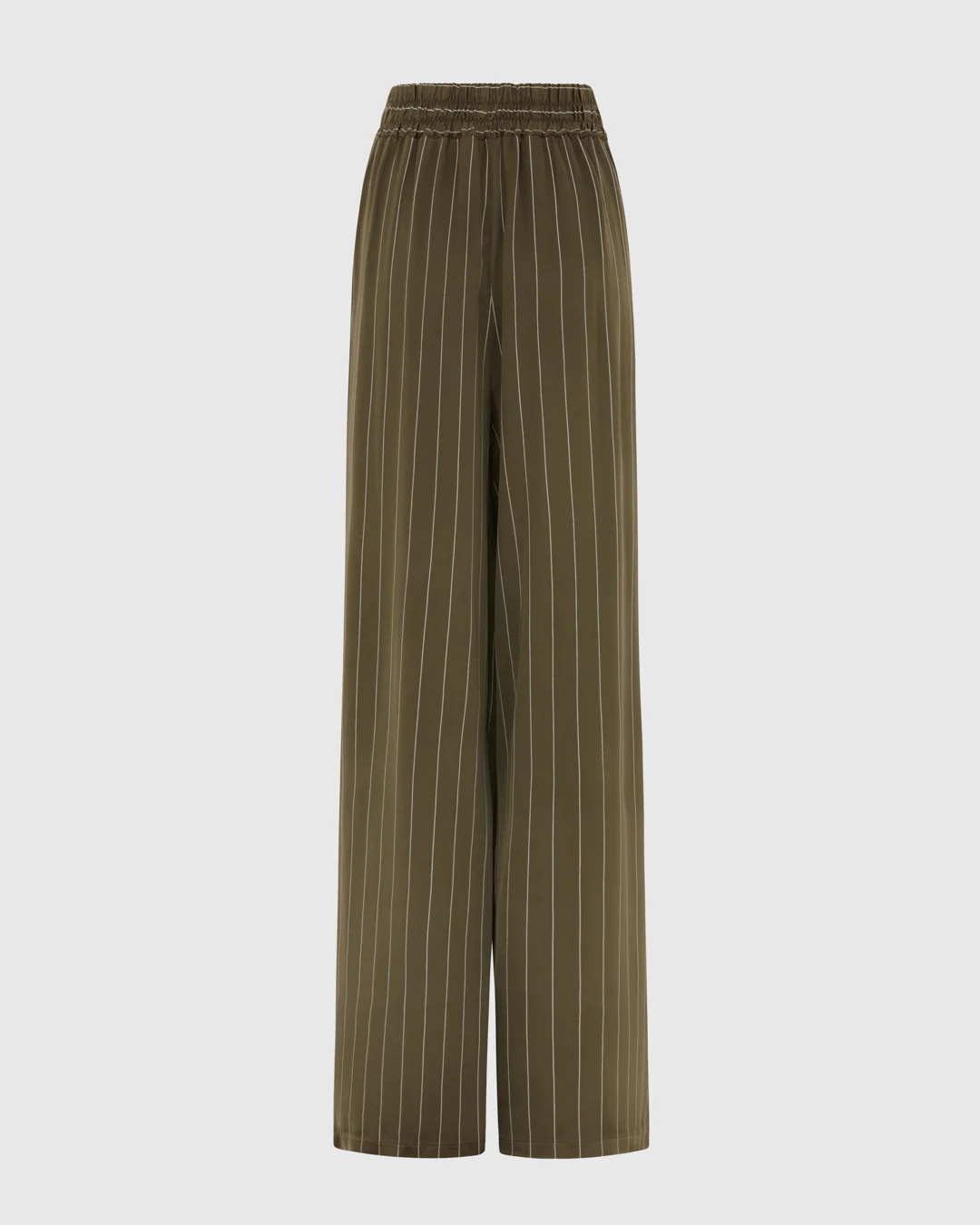 Zoe Pinstripe Elastic High Waist Satin Trousers | Khaki - Image 3