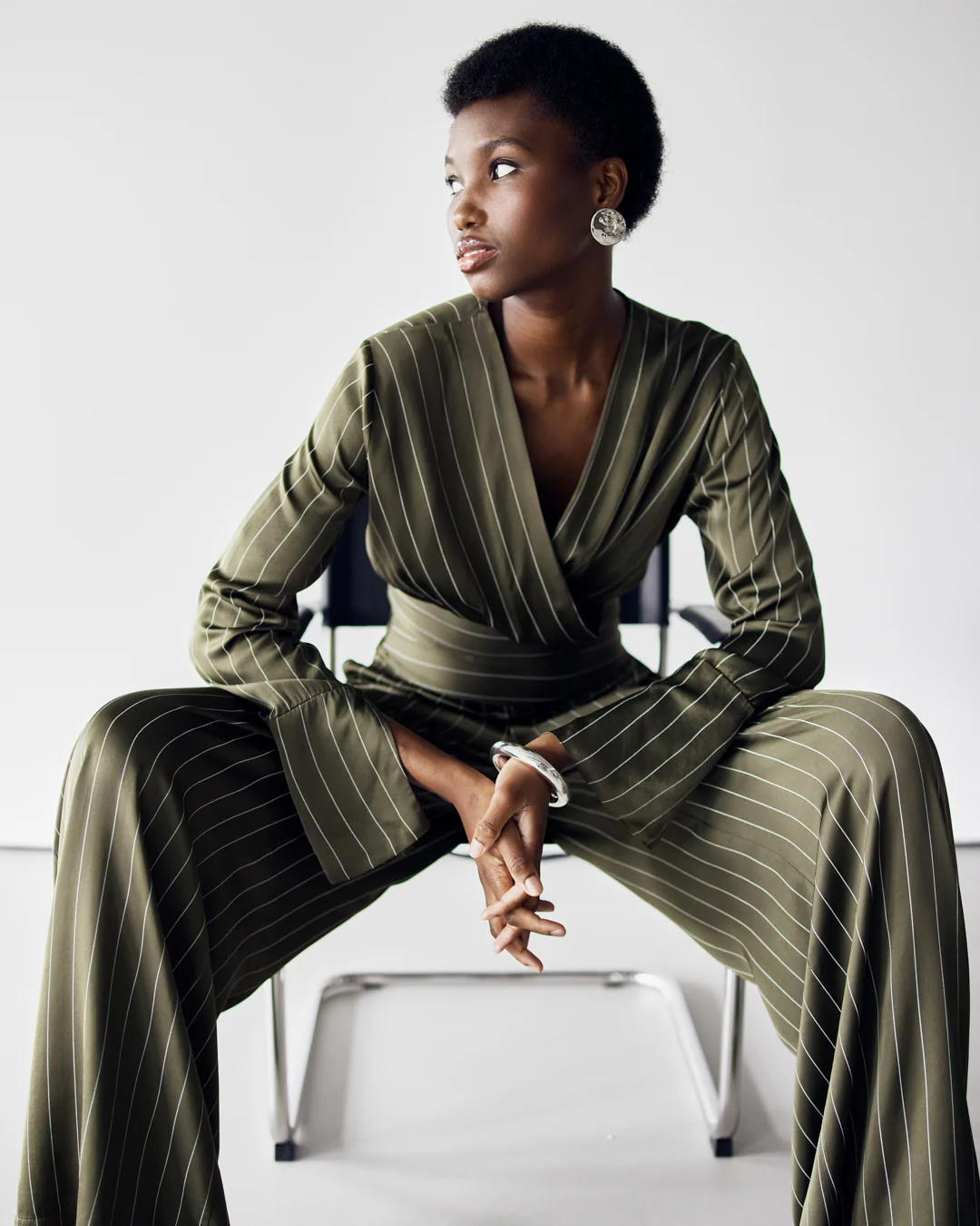 Zoe Pinstripe Elastic High Waist Satin Trousers | Khaki - Image 5