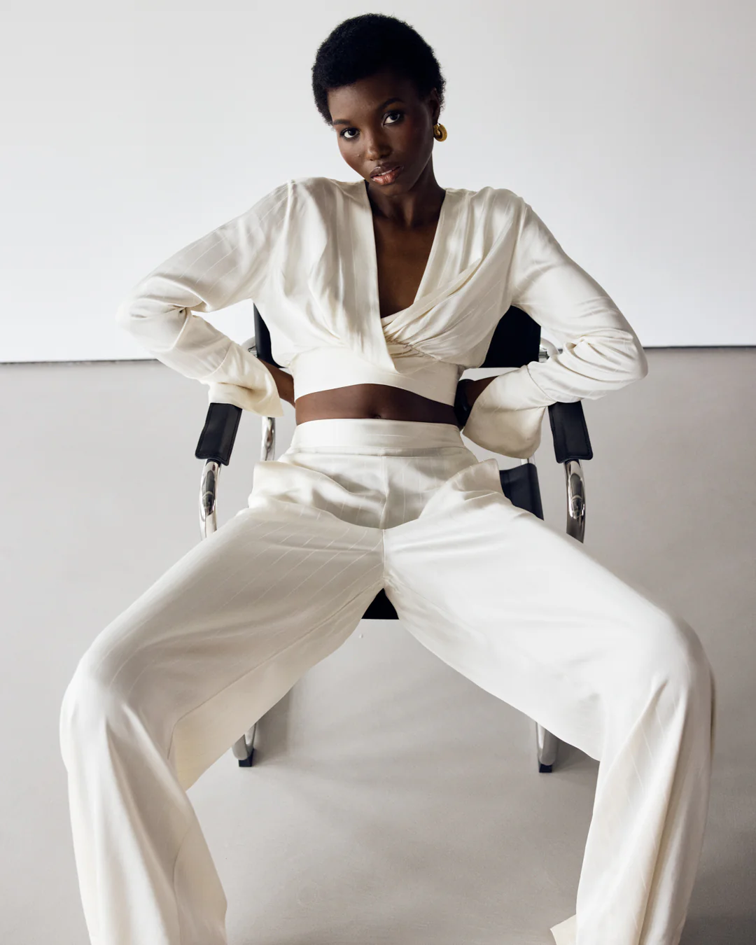Zoe Pinstripe Elastic Wrap Satin Top | Ivory - Image 2