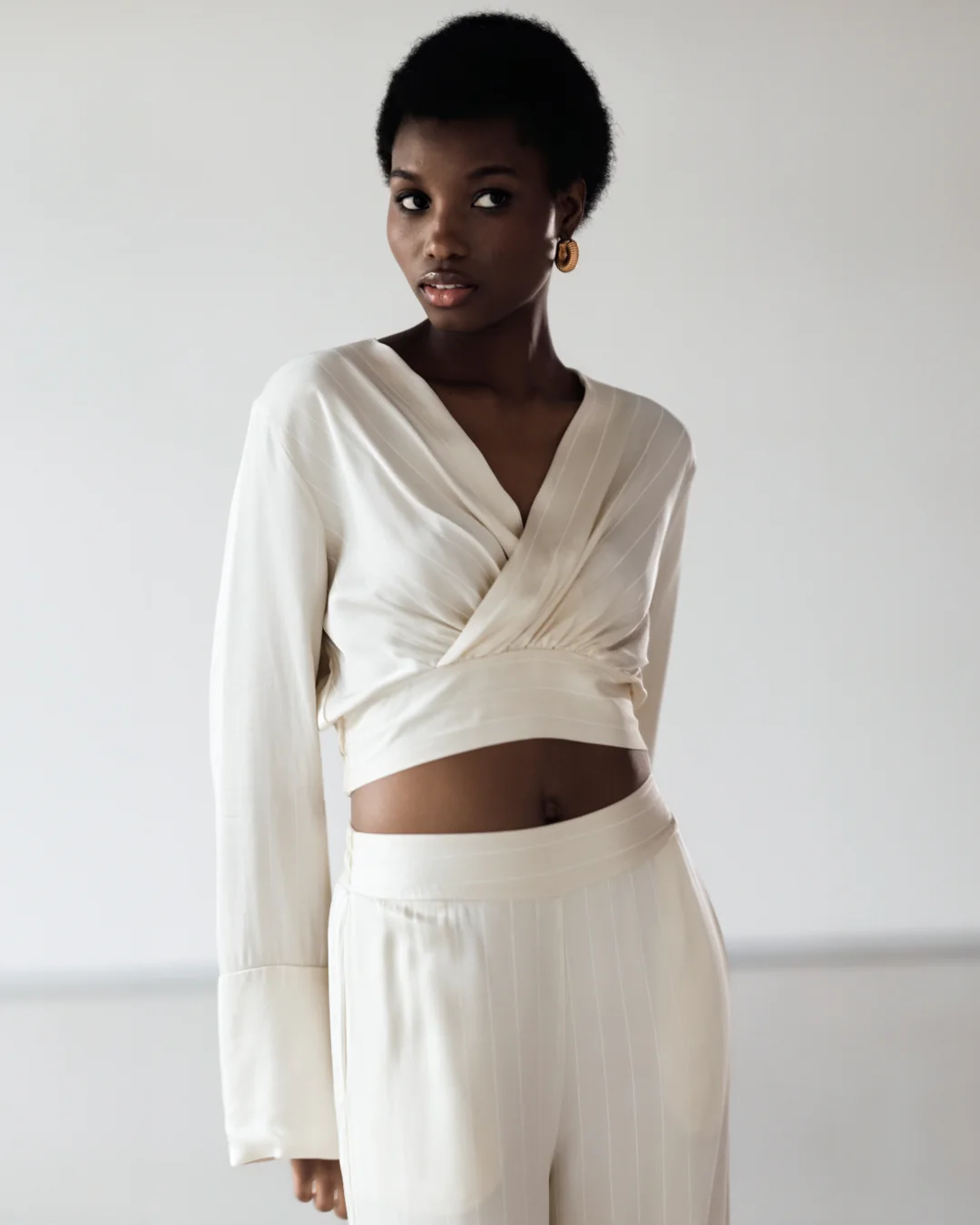 Zoe Pinstripe Elastic Wrap Satin Top | Ivory - Image 3