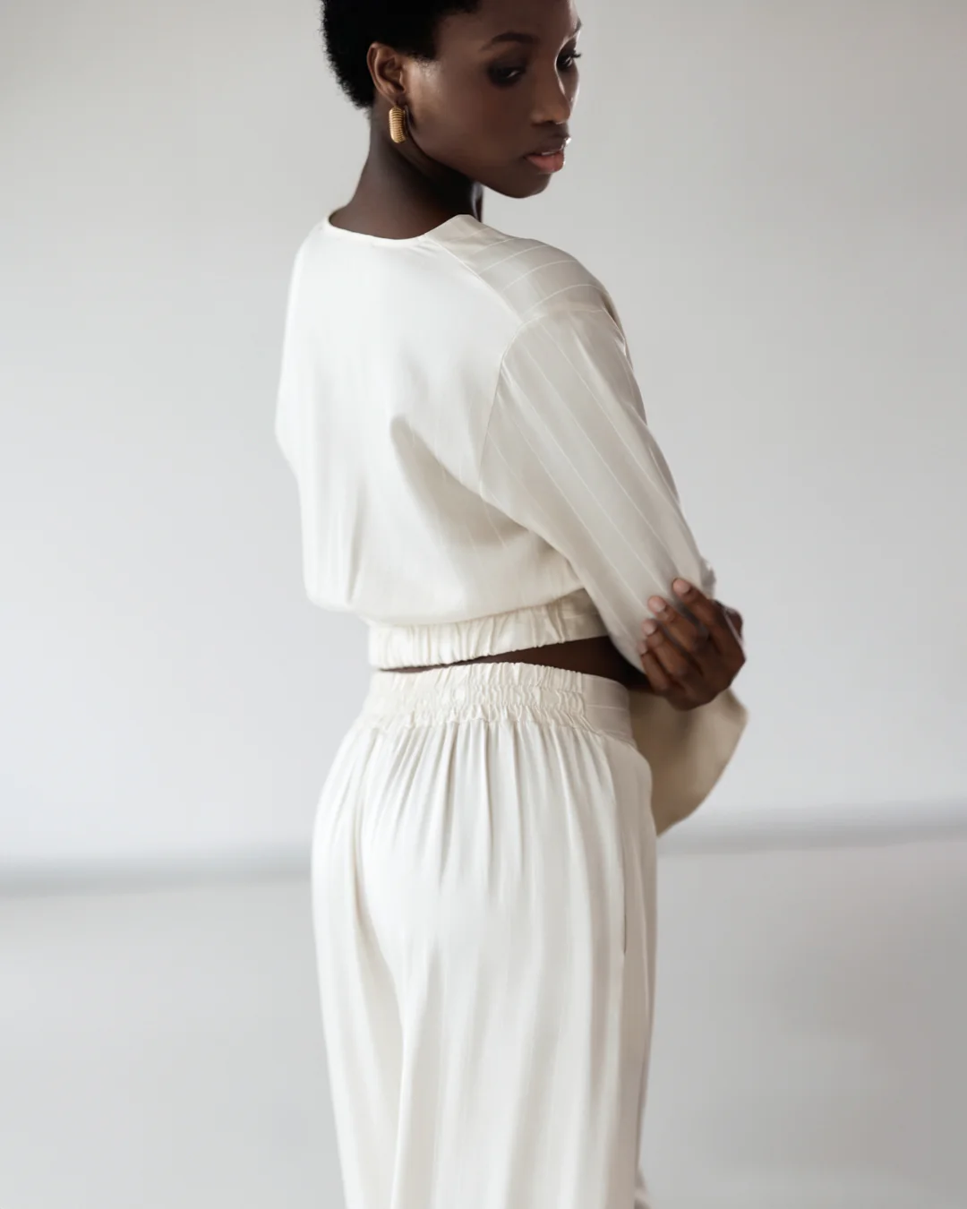 Zoe Pinstripe Elastic Wrap Satin Top | Ivory - Image 4