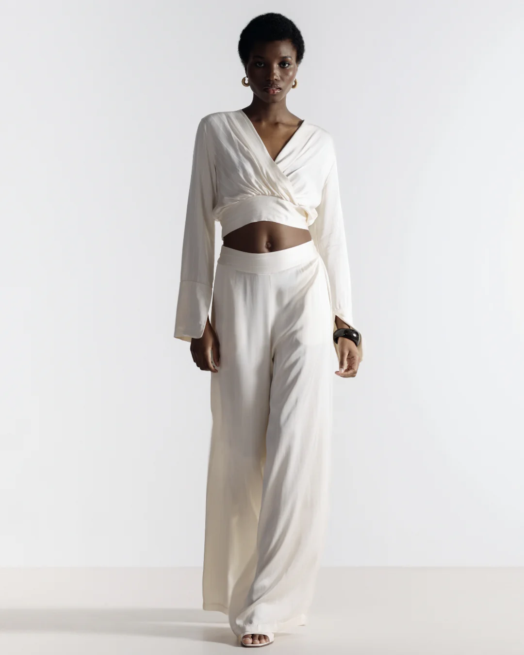 Zoe Pinstripe Elastic Wrap Satin Top | Ivory - Image 5