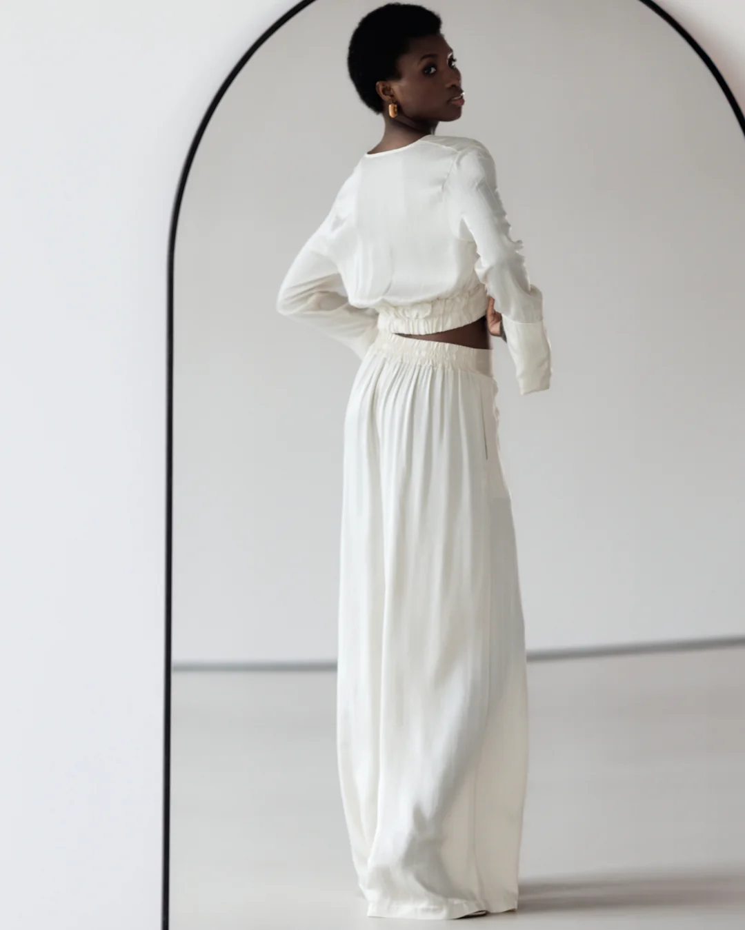 Zoe Pinstripe Elastic Wrap Satin Top | Ivory - Image 7